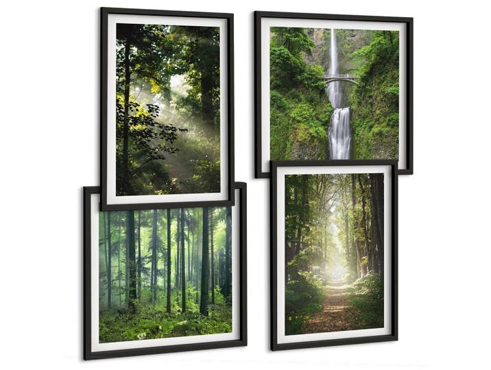 BILDER SET 4er Set - 50x50 cm & 40x60 cm Schwarzer Rahmen - Grüne Wälder, Lichtstrahlen