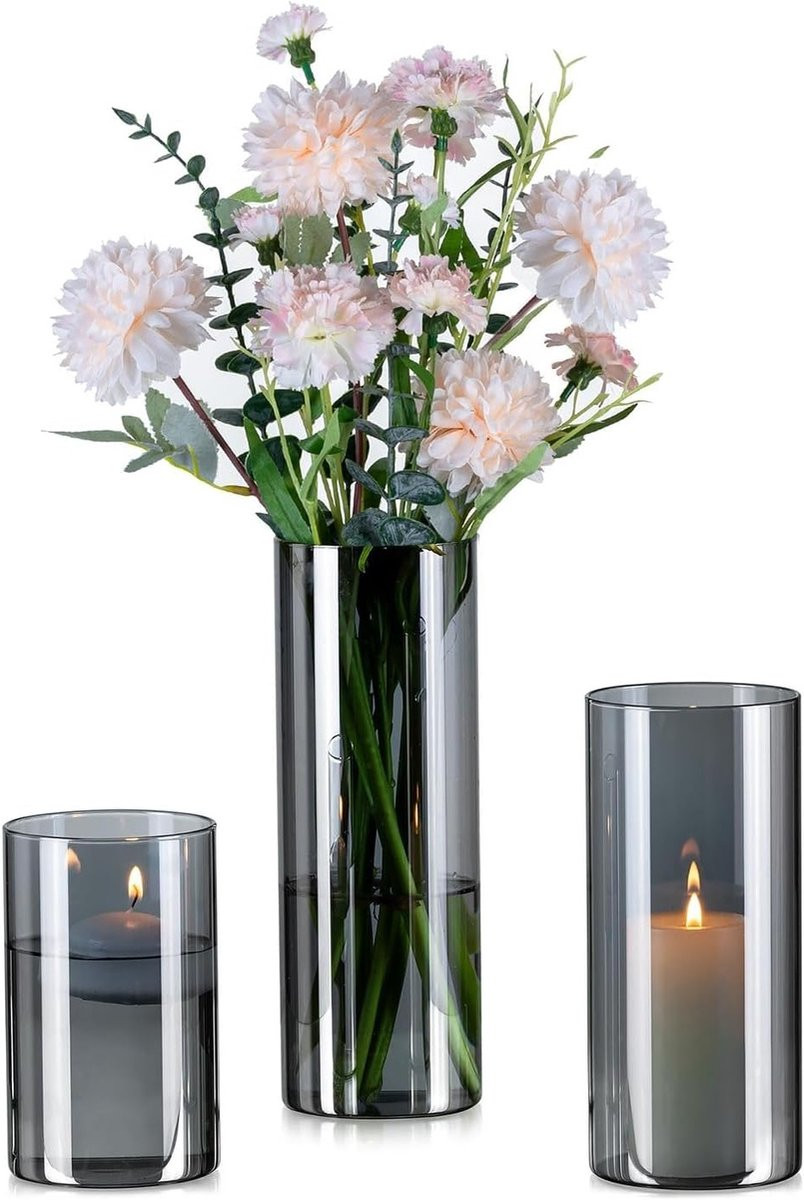 Set van 3 grijze glazen cilindervazen voor bloemen en decoratie