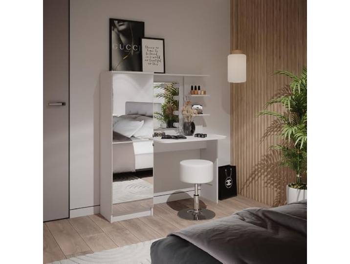 Vicco Schminktisch Jasmin , Weiß 123 cm Spiegel mit LED-Lichterkette · Hocker · offene Ablageflächen · Freistehend · Spiegelschrank