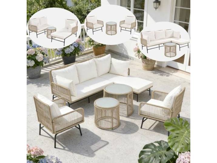 Ensemble de jardin extérieur modulable – Salon de jardin en fer antirouille – Corde tissée à la main–Design cla SALON BAS DE JARDIN