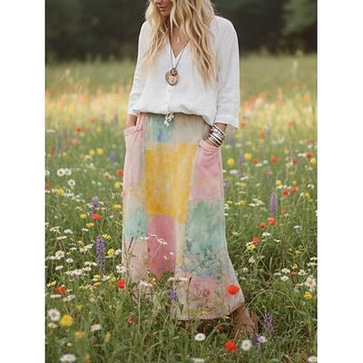 Damen-Urlaubsrock im Boho-Vintage-Stil, lässiger Maxirock mit mittelhohem Bund, Blumenmuster, nicht elastisch, leicht elastisch, gelb, Sommerrock für Alltag und Freizeit