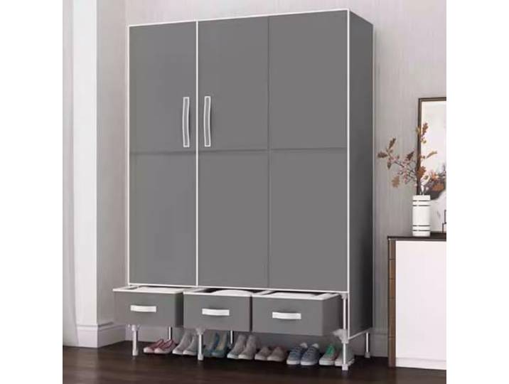 Stahlrohr-Kleiderschrank Mit Hängebereich, Klappbereich Und Drei Schubladen Zur Aufbewahrung Von Kleidung Im Schlafzimmer(Light Gray,B)