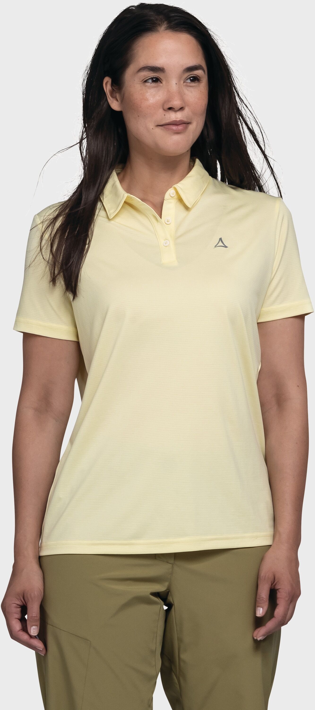 Poloshirt SCHÖFFEL "CIRC Polo Shirt Tauron L", Damen, Gr. 36, gelb (5105, gelb), Oberstoff: 100% Polyester, V-Ausschnitt, Shirts Poloshirt 5105, gelb 36