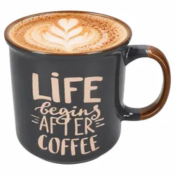 Kaffeebecher XL 500ml Jumbobecher Steingut Dunkelgrau Kaffee Spruch Tee Kakao