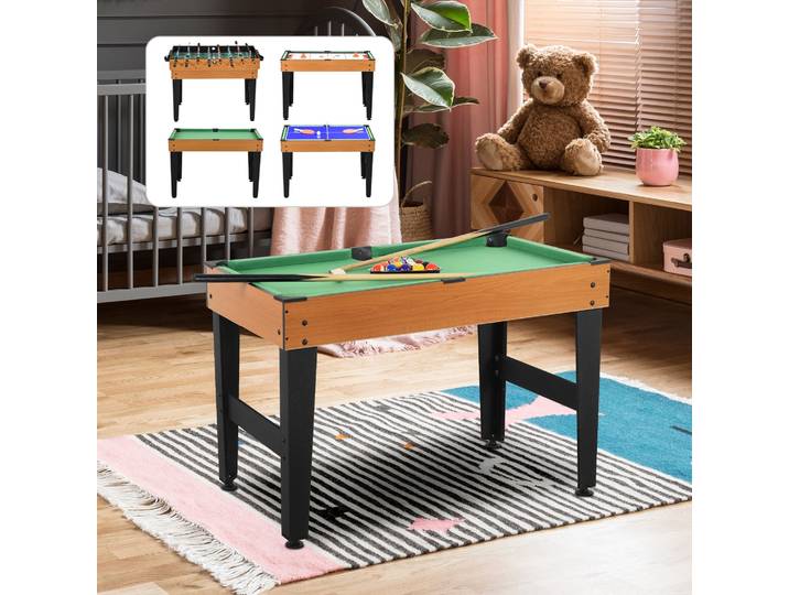 HOMCOM Table de jeu 4-en-1 incluant ping-pong, baby-foot, billard, hockey sur table, en métal, bois, naturel et noir
