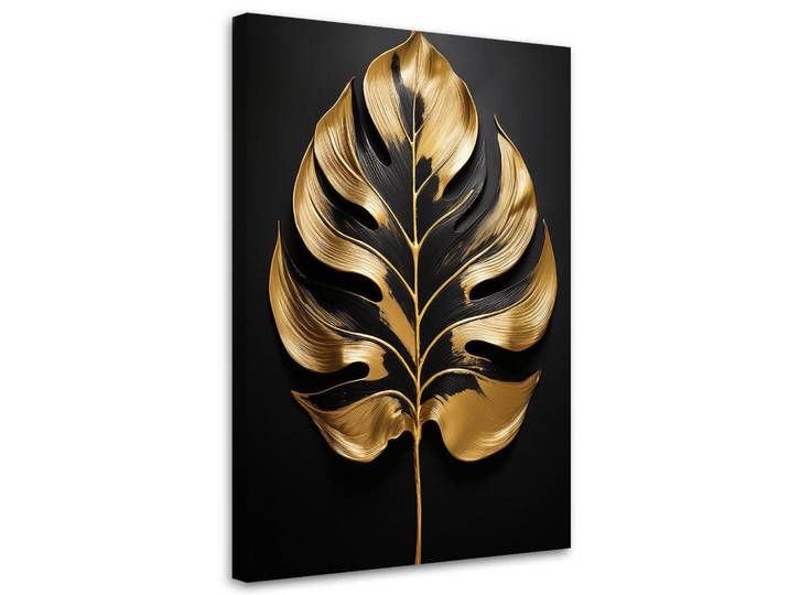 Feeby Leinwandbild Schwarzes und goldenes Monstera-Blatt 80x120cm, Goldfarben, Rechteckig, 80x120 cm, Bilder & Rahmen, Bilder, Leinwandbilder