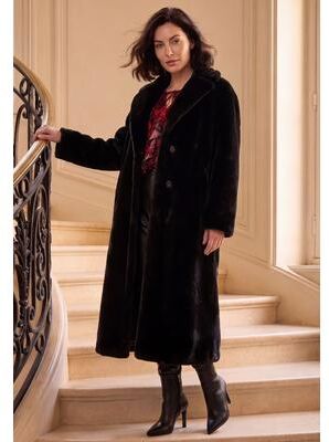 Plus Size Women's Plus Size Faux Fur Long Notch Lapel Coat by Roaman's in Black (Size 26/28)