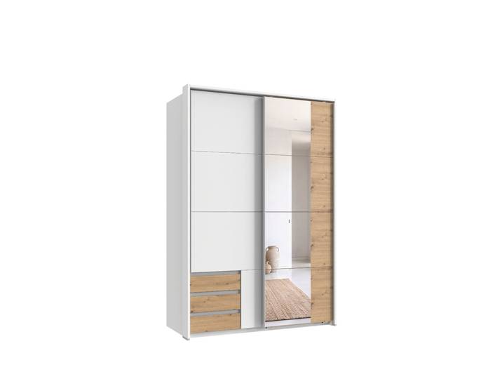 Schwebetürenschrank 2trg. Kleiderschrank 138 cm Weiß Eiche Spiegel Passepartout / 22683