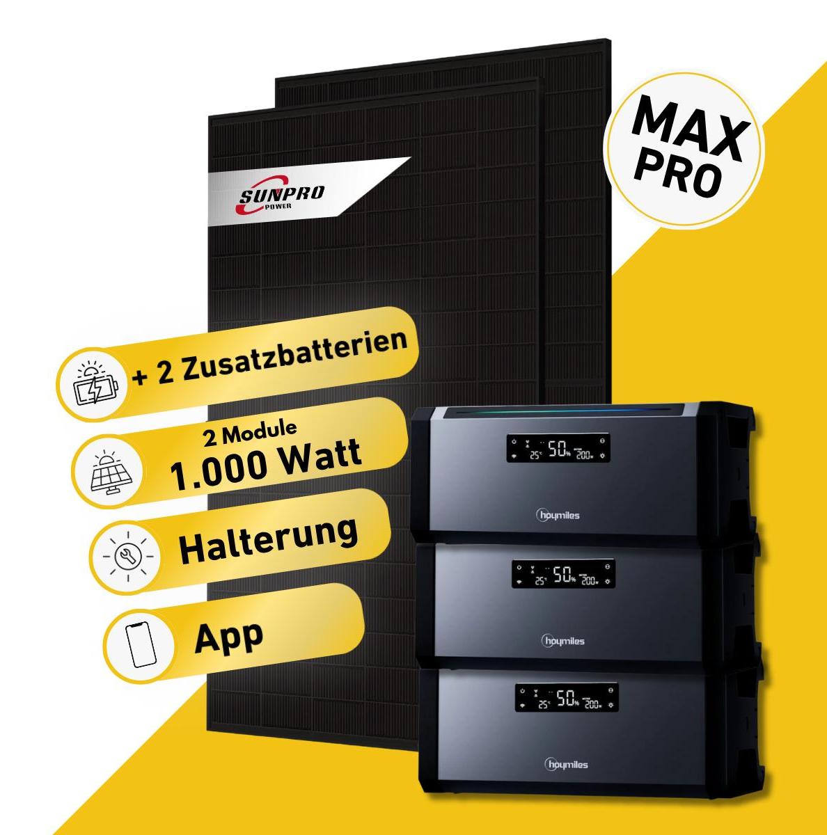 Balkonstrom Balkonkraftwerk 1000W Solaranlage mit Speicher | 2xZusatzspeicher | Blechdachhalterung | 2xSolarmodul | Hoymiles AC1920