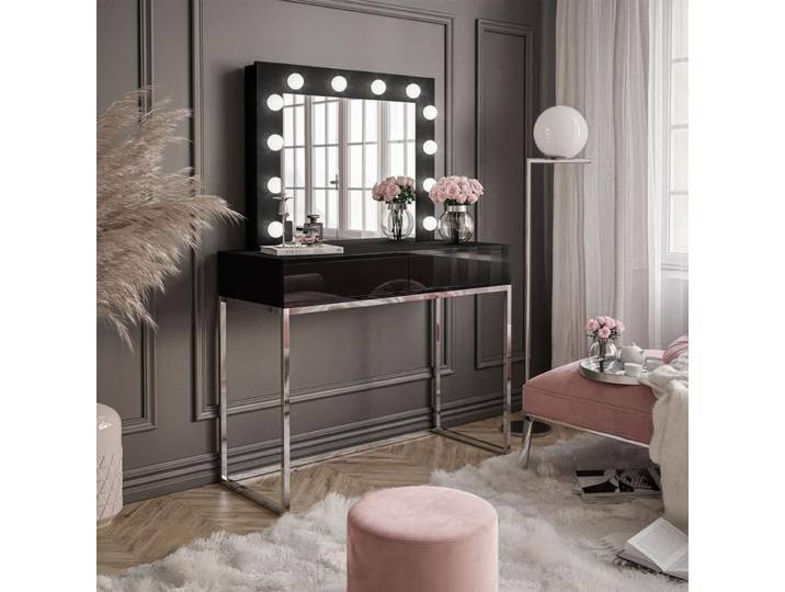 Schminktisch BLANCO GLAMOUR mit Spiegel und Beleuchtung schwarz Hochglanz