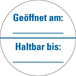Aufkleber I Infoplakette Geöffnet am, Haltbar bis..., blau/weiß, Dokumentenfolie, Ø 30mm, 18/BOG