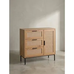 Kommode – Eiche-Dekor/Rattan, 80x82x36 cm, 3 Schubladen, 1 Tür, modern