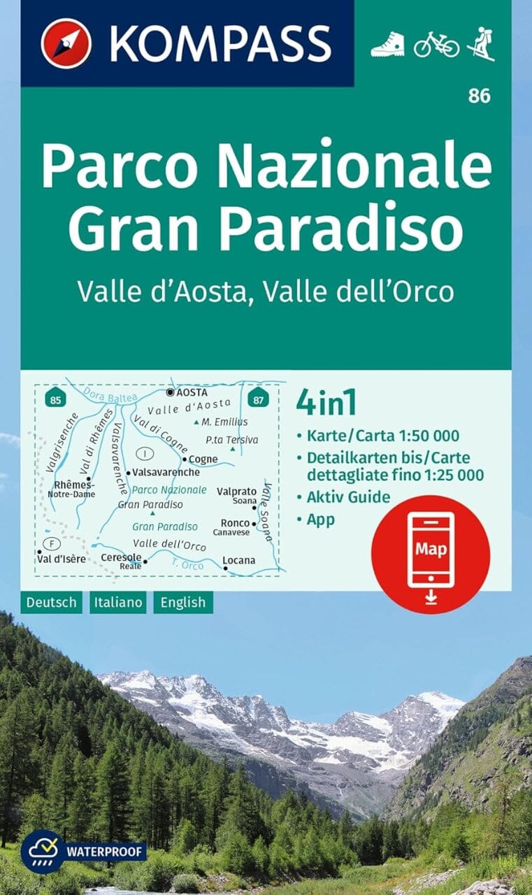 Carte de randonnée n° 86 - Parc national du Grand Paradis, Vallée d'Aosta et d'Orco (Italie)   Kompass