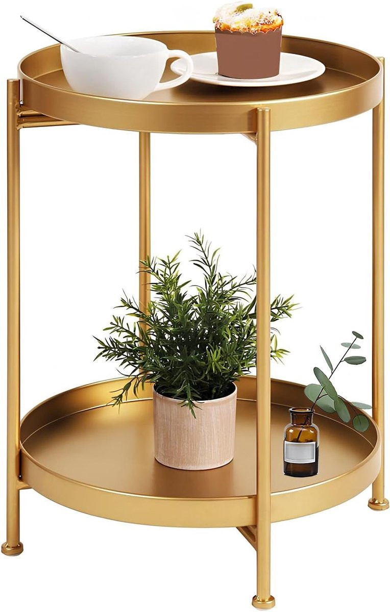 Ronde bijzettafel met twee niveaus in goudkleur - Hoogte: 50,8 cm