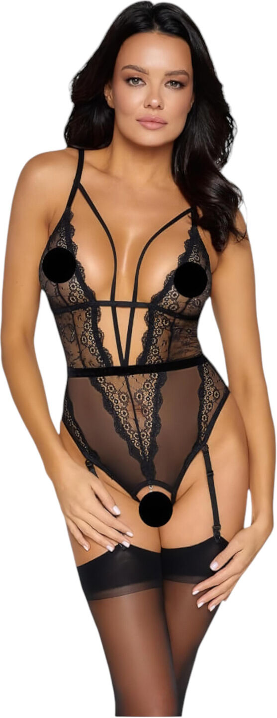 Cottelli - Open Strappy Bodysuit with Garter (Black) - L