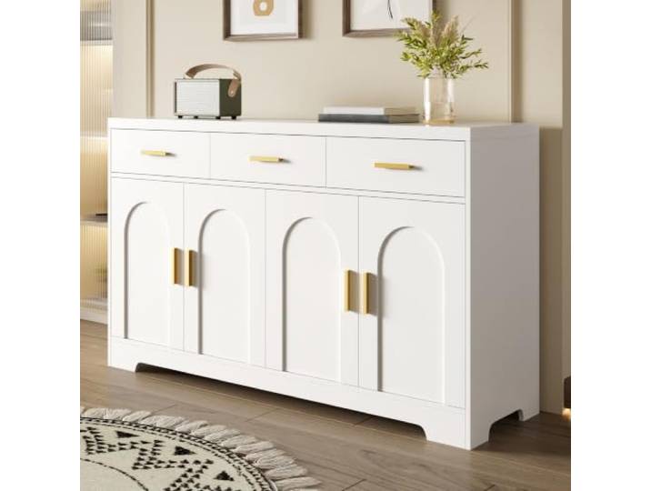 BXEYXE Wohnzimmerschrank,Weiß Sideboard mit Vier bogenförmigen Türen, 3 Schubladen, höhenverstellbare Einlegeböden, Korpus aus MDF, goldene Metallgriffe