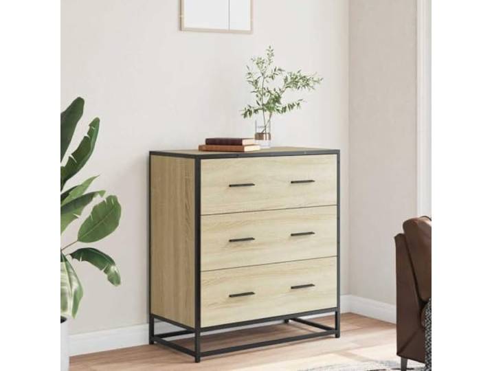 KTHLBRH Sideboard Eiche Sonoma 68 x 35 x 76 cm Spanplatte 3 Schubladen, Metallgestell, 50 kg Tragkraft, inklusive Wandbefestigung
