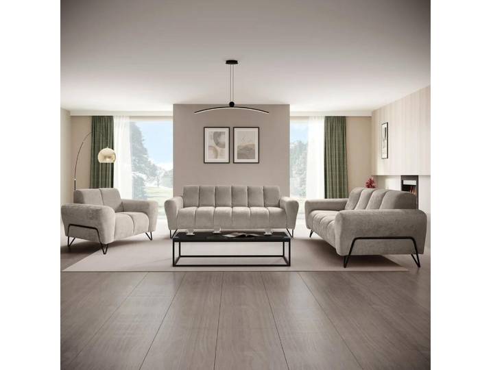 Polsterset VOLARE - Moderner Sitzgarnitur - Sessel + Sofa 2-Sitzer & 3-Sitzer - Chenille Storm in Latte, dekorative schwarze Metallbeine