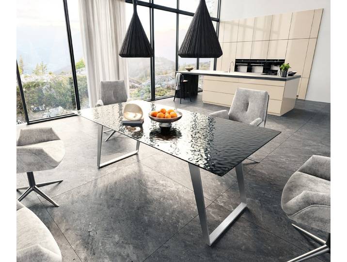 DELIFE Esstisch Edge, Reliefglas Rauchschwarz 3D-Design 200x100 Edelstahl Schräg
