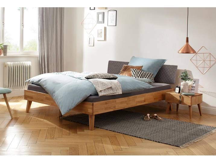 Bett HOME AFFAIRE Natali , braun (eiche, grau, eiche), B:146cm H:81cm L:210cm, Betten, Bett, aus massiver Eiche, gepolstertes Kopfteil mit Kunstlederbezug