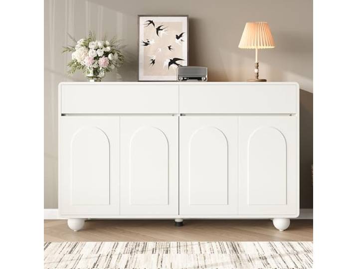 YAIXBNG Sideboard Wohnzimmer mit geschwungenen Türen, moderner Stauraumschrank aus PB und MDF, runde Metallfüße