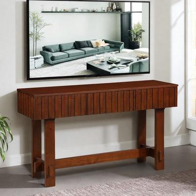 "52"" Mid Century Farmhouse Fluted Wood Sofa Table Console Table with Storage Drawers and Solid Wood Legs"