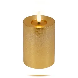 Lumineo LED Kerze 7,5x13,5cm mit Timerfunktion Flacker-Effekt Wachs Echtwachskerze batteriebetrieben Wachskerze Stumpenkerze Gold Warmweiß