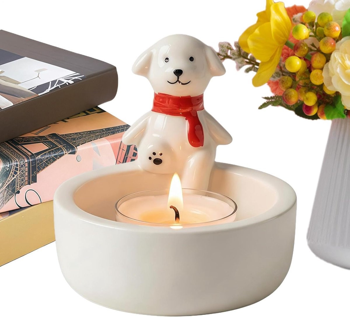 Wit Keramisch Waxinelicht Houder met Hond Decoratie - 8,6 x 7,2 cm