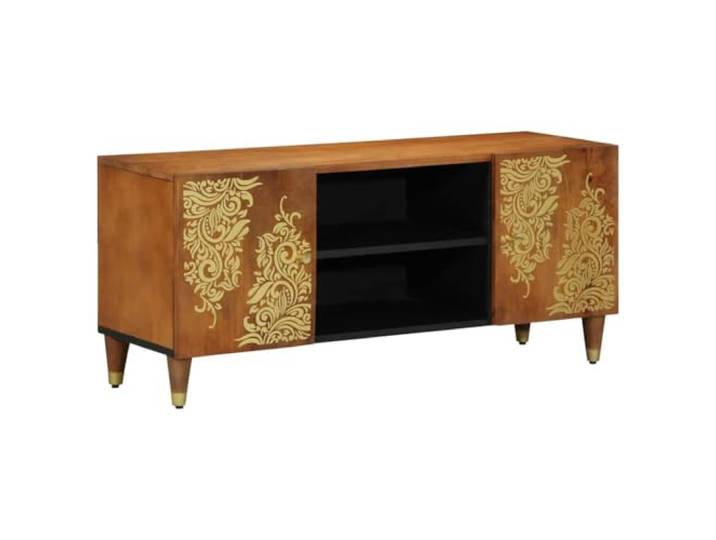 KFPOERTFGD TV-Schrank aus Mangoholz mit Messing-Akzenten 105x33x46 cm Massivholz-Konstruktion, Goldfarbener Siebdruck, Stauraum mit 2 Türen