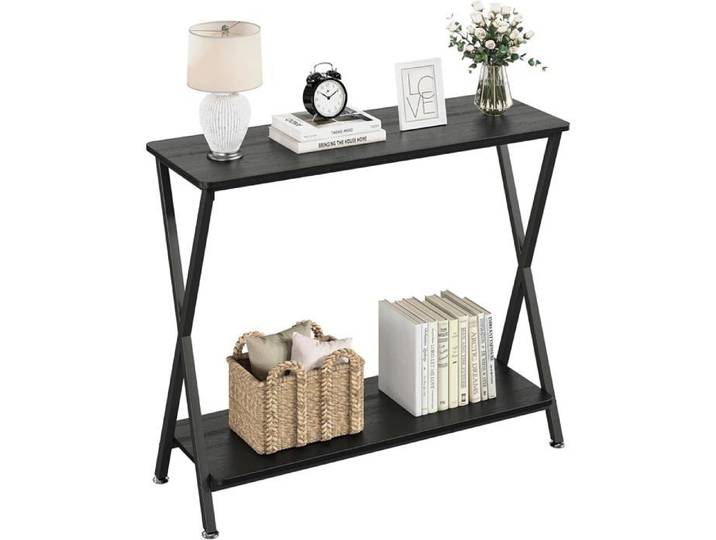 Console étroite Industrielle avec Prise – Table d'appoint canapé – 2 Niveaux-80x30x81cm-NOIR