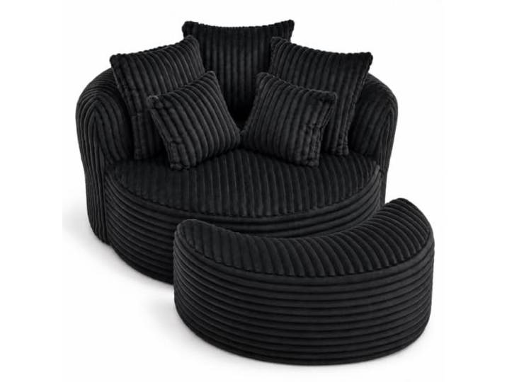 Anwick Großes Rundes Sitzbrett Sofabett ohne Beine mit Fußstuhl (Schwarz) Weicher Kordelstoff, Für Wohnzimmer, Innenraum-Lesebank, Für Spielzimmer, Großformatig