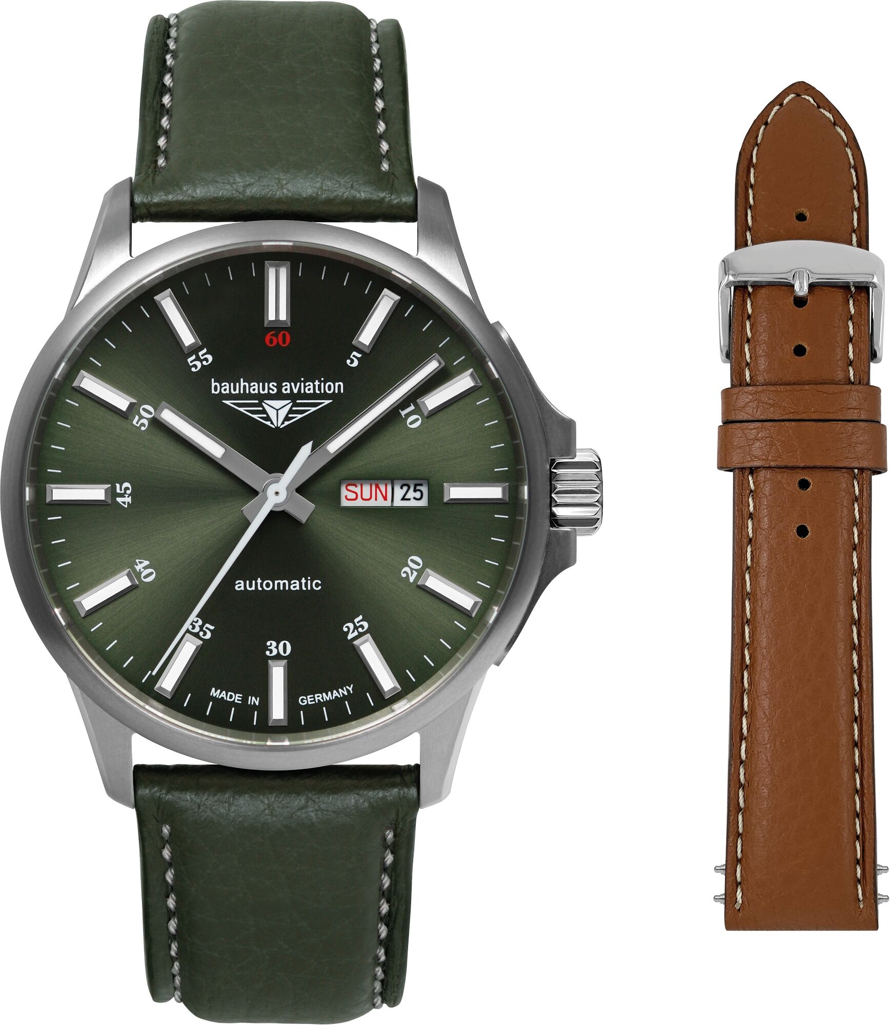 Automatikuhr BAUHAUS "Bauhaus Aviation Titanium", grün, Armbanduhren, Herren, Automatikuhr, Armbanduhr, Herrenuhr, Made in Germany, Mechanische Uhr, Lederarmband