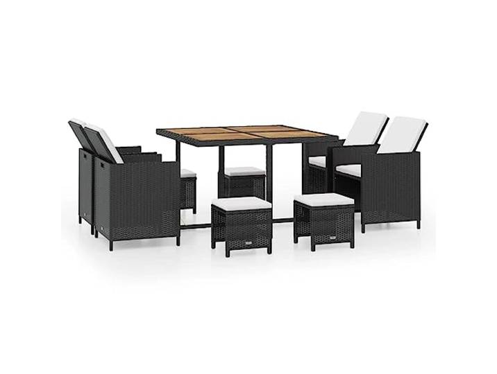 Garten-Esszimmer-Set, 9-teilig, PE-Rattan, Schwarz, Tisch, 4 Stühle, 4 Hocker