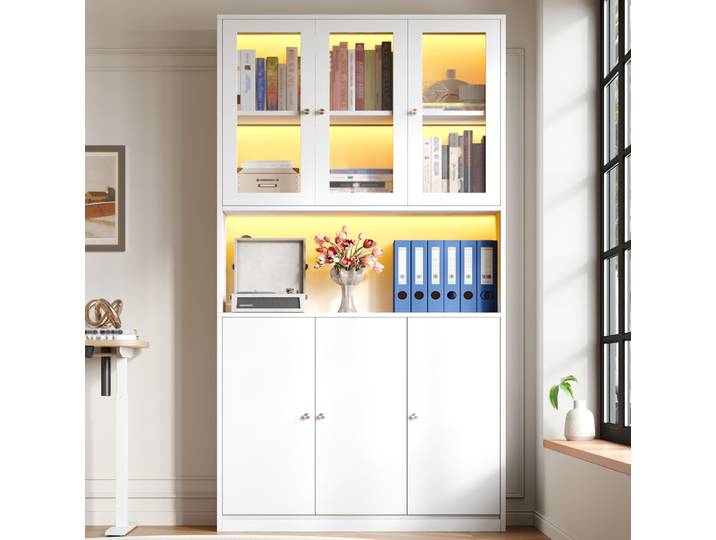 Meubliv Bibliothèque 100x35x200 Cm Blanche – Vitrine Led\, 3 Portes\, Rangement