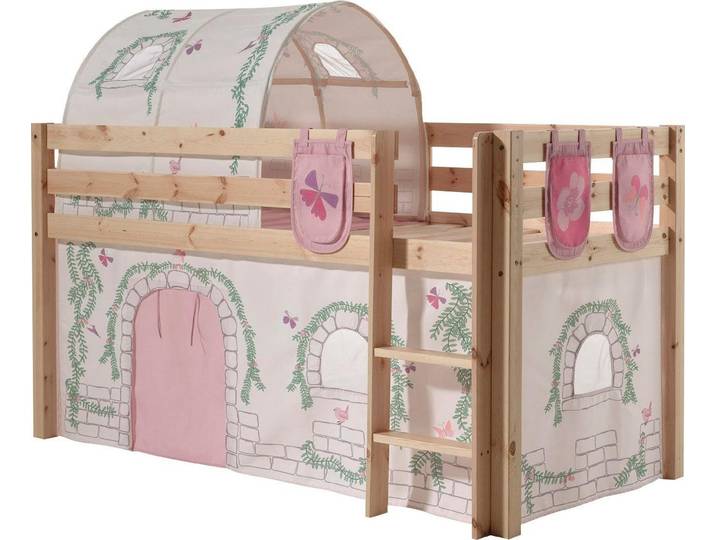 Hochbett VIPACK Pino, Spielbett massiv Kiefer, stabil gebaut, 3 Korpusfarben zur Wahl , beige (natur geölt, birdy), B:106cm H:214cm L:210cm, Hochbetten, Hochbett, Textil-Set Astronaut , inkl. Vorhang, mit oder ohne Tunnel