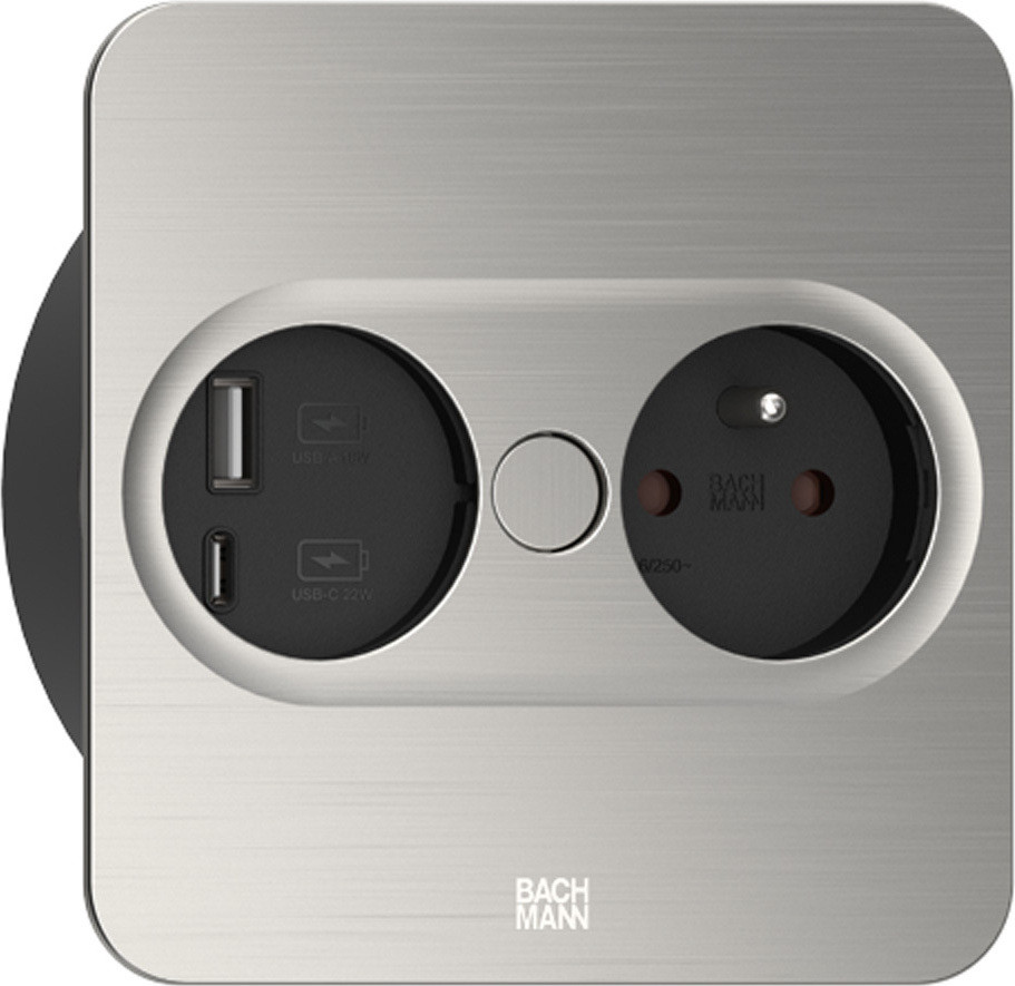Bachmann Twist 2 stopcontact met 1x USB-C, 1x USB-A, 22W, 2,0 meter, roestvrijstalen look, rechthoekig