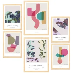 POSTER Set Mit 6 Abstrakte Kunst In Rosa Lila & Grüntönen A3 & A4 Rahmen Aus Hellem Holz