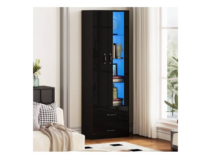 Fine Life Pro Sideboard Schwarze LED-Vitrine, 2 Türen, transparent, freistehend, Standvitrine, Buffet- & LED-Schrank für Wohnzimmer, moderne Präsentation & Stauraum
