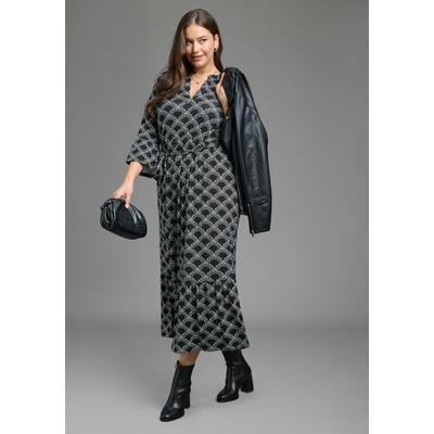 Maxikleid LAURA SCOTT CURVE "Große Größen", Damen, Gr. 48, N-Gr, schwarz-weiß (schwarz, gemustert), Jersey, Obermaterial: 95% Viskose, 5% Elasthan, gemustert, figurumspielend knöchellang, Rundhals, Volant, Kleider Maxikleid, Maxikleid knöchellang,...