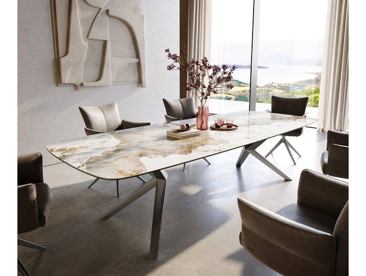 Esstisch Edge Boot 300x120 cm Keramik Minas Melange Weiß-Beige Zenthara kantig Edelstahl, Esstische