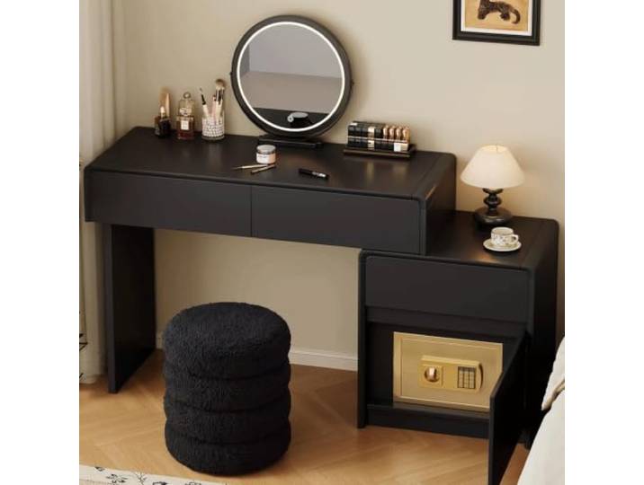 Moderner Waschtisch mit beleuchtetem Spiegel und integriertem Safe Moderner Stil,ausgestattet mit einem beleuchteten Schminktisch,einem Schminktisch mit Hocker(B,80/40cm/31.5/15.7in)