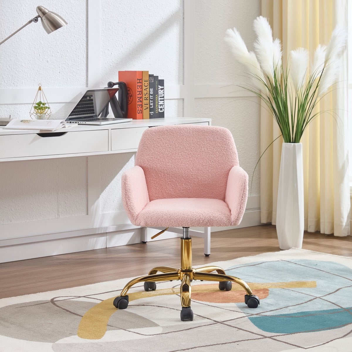 Sweiko Bureaustoel - Make-upstoel met kunstlamsvel - 360 graden draaibaar - In hoogte verstelbaar - Roze