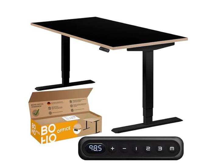 boho office® Homedesk Schreibitsch elektisch höhenverstellbar Homedesk - Tischgestell Schwarz, Tischplatte 160x80 Schwarz - 2 Motoren, Memoryfunktion, Kollisionsschutz, Kindersicherung