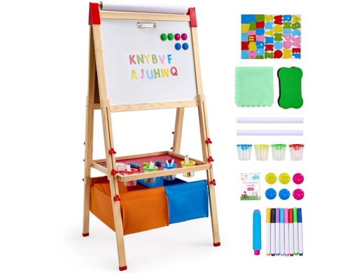 VEVOR Chevalet d'Art Enfants 3-en-1 Tableau Magnétique Blanc Noir Double Face\, Planche à Dessin Bois Debout Réglable\, Accessoires\, Rangement\, Support Rouleau Papier\, pour Créativité\, Garçons\, Filles