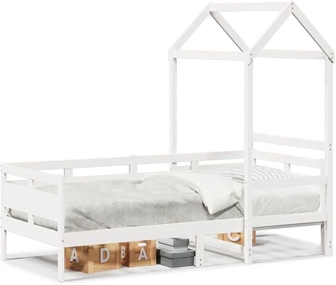 Tagesbett mit Dach 80x200 cm aus massivem Kiefernholz, weißes Hausbett für Kinder und Gästezimmer, inklusive Lattenrost, 3-seitiger Rausfallschutz