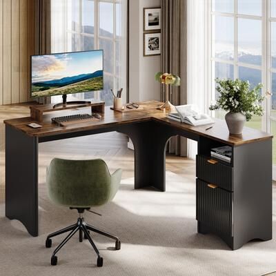 "Bestier 56""W Modern L-Shaped Corner Computer Desk With Filing Drawer"