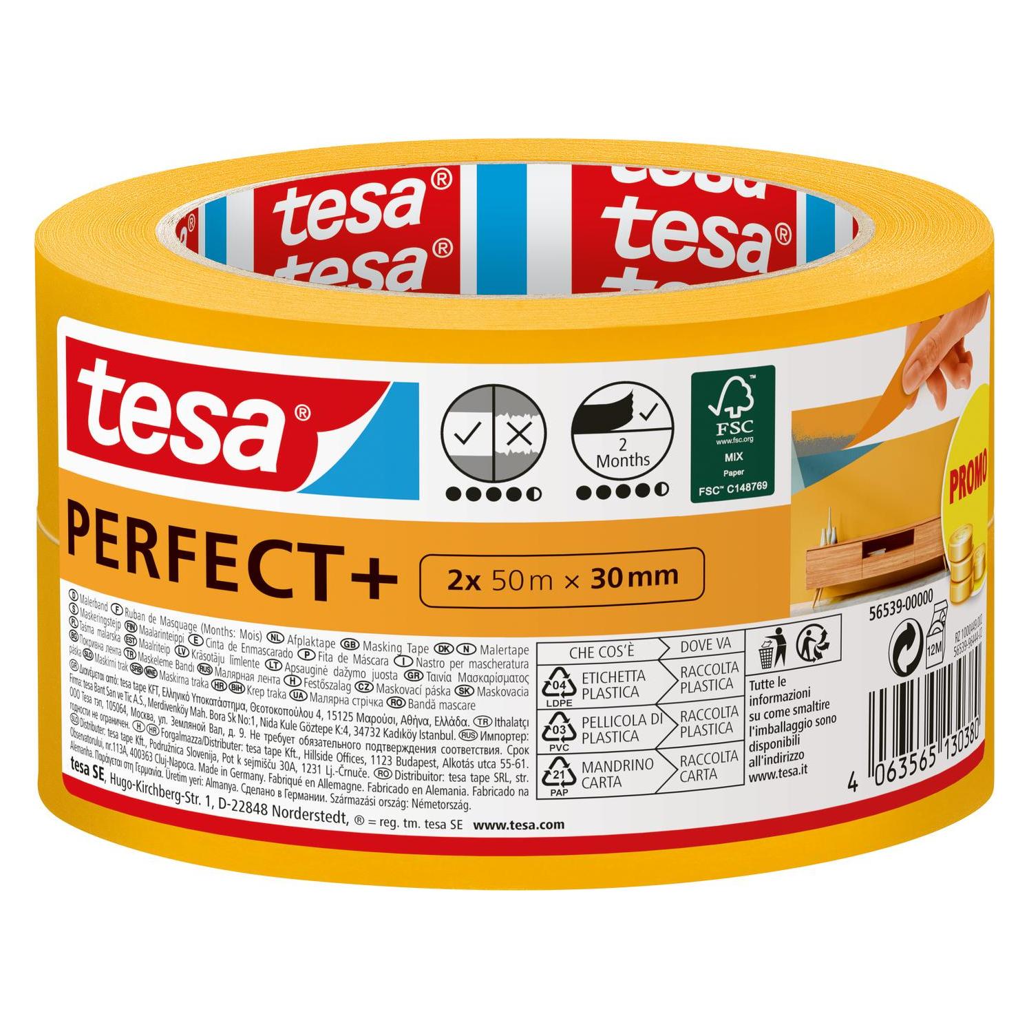 tesa 2x Malerkrepp Perfect+, Abdeckklebeband für präzises Abkleben im Innenbereich, Zweierpack (30 mm) (56539-00000-00)