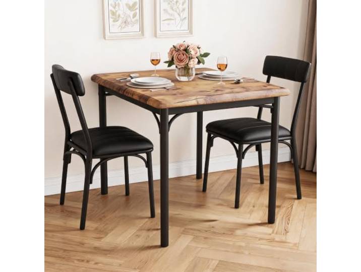 Zstar Platzsparendes 3-teiliges Esszimmer-Set – Quadratischer Küchentisch & 2 gepolsterte Stühle – Holz & Metall, stabil – Für kleine Räume, Apartment oder Studio – klassisch Braun – klassisch-Farbe