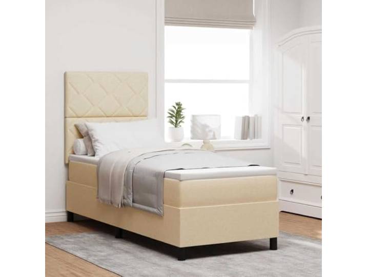 Stabiler Holzstoff Boxspringbett Stilvoll Modern Creme 80 x 200 cm Boxspringbett mit Matratze und verstellbarem Kopfteil Creme 80x200 cm Stoff Bett mit Lattenrost Modernes Einzelbett mit