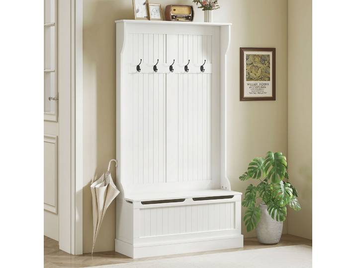 HOMCOM Meuble Entrée 3-en-1 Banc Rangement 5 Crochets Crème